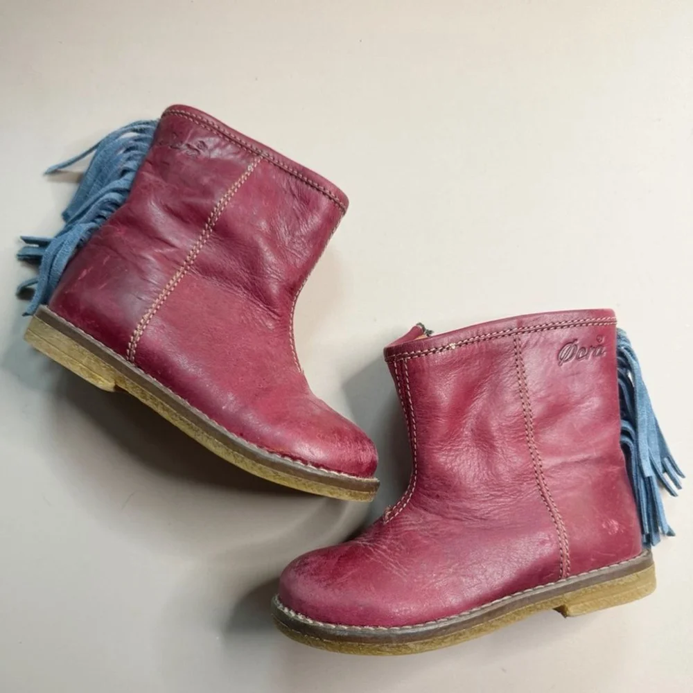 Ocra Distressed Red bootie with Blue suede Fringe. Size 21/5. Great condition
